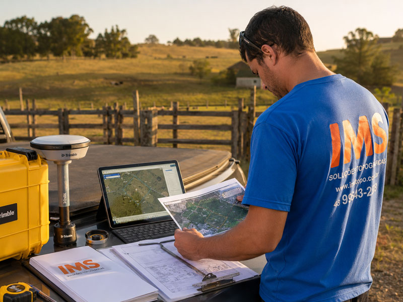 Técnico da IMS conferindo plantas e imagens de satélite ao lado do receptor GNSS, em propriedade rural